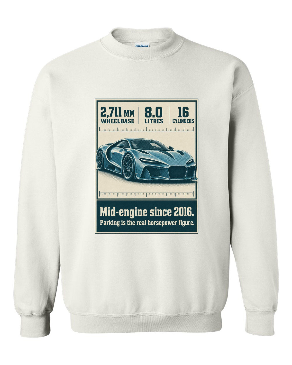 Bugatti Chiron Sport halftone print with wheelbase and engine facts white crewneck front view with the design