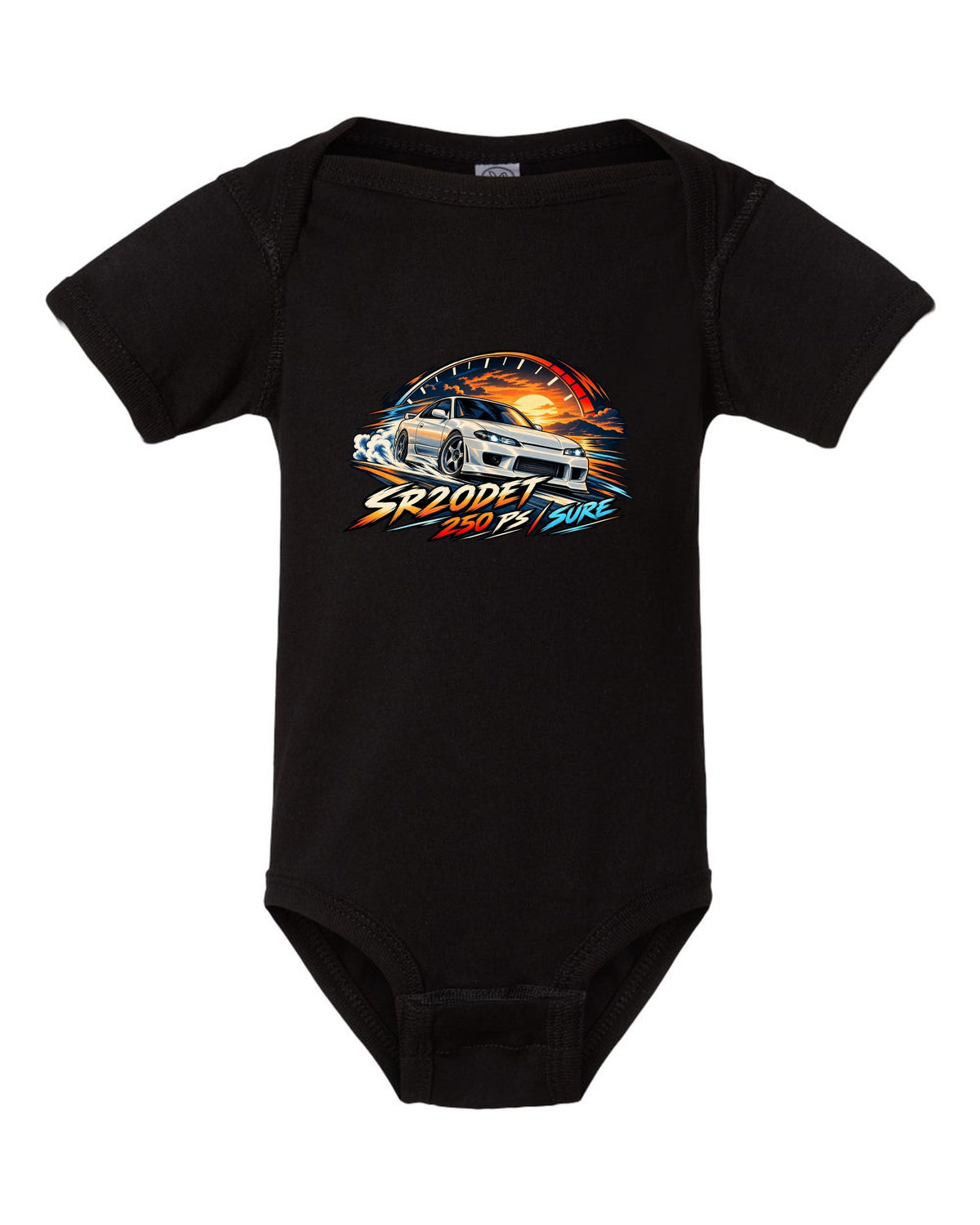 Cel-shaded anime print of a Nissan Silvia S15 with redline arc and SR20DET 250 PS text black baby onesie front view with the design