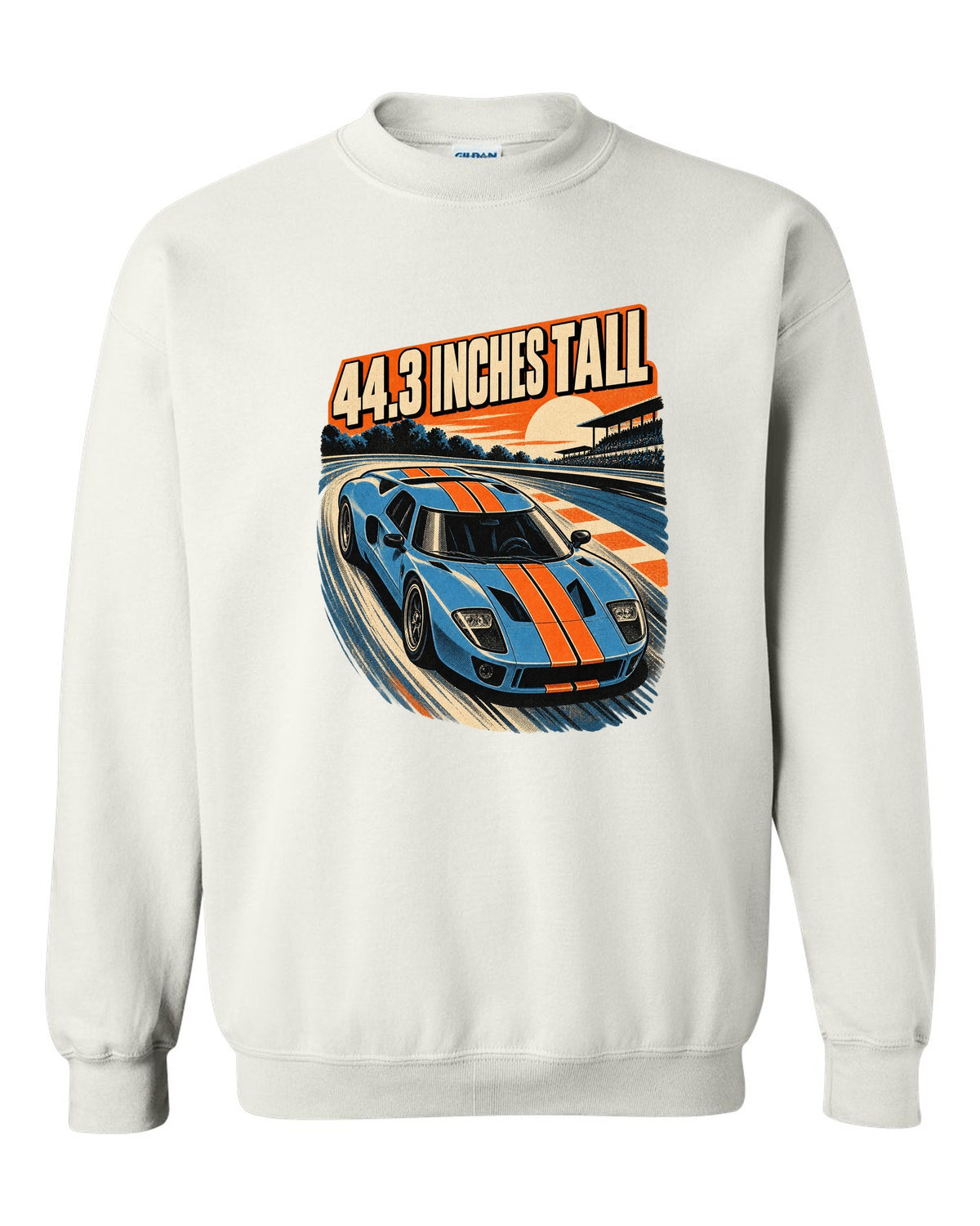 Ford GT 2005 overhead in a retro 1960s Le Mans poster print white crewneck front view with the design