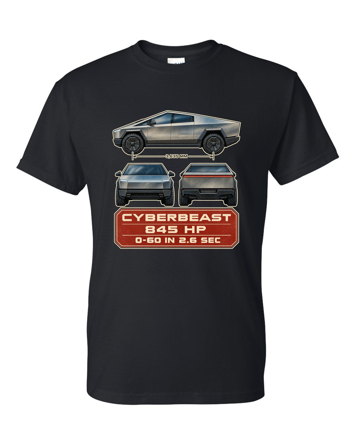 Three-view and spec table print of a Tesla Cybertruck Cyberbeast black t-shirt front view with the design