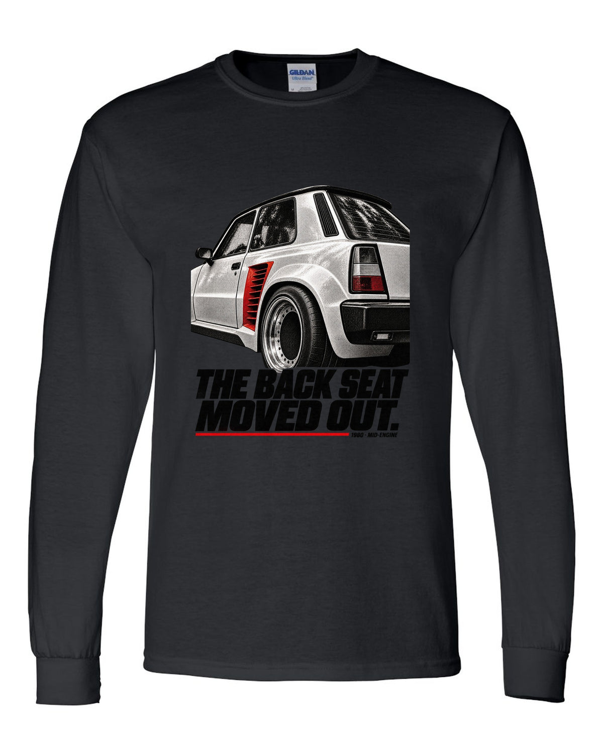 Renault 5 Turbo rear detail macro print with back seat caption black long sleeve front view with the design
