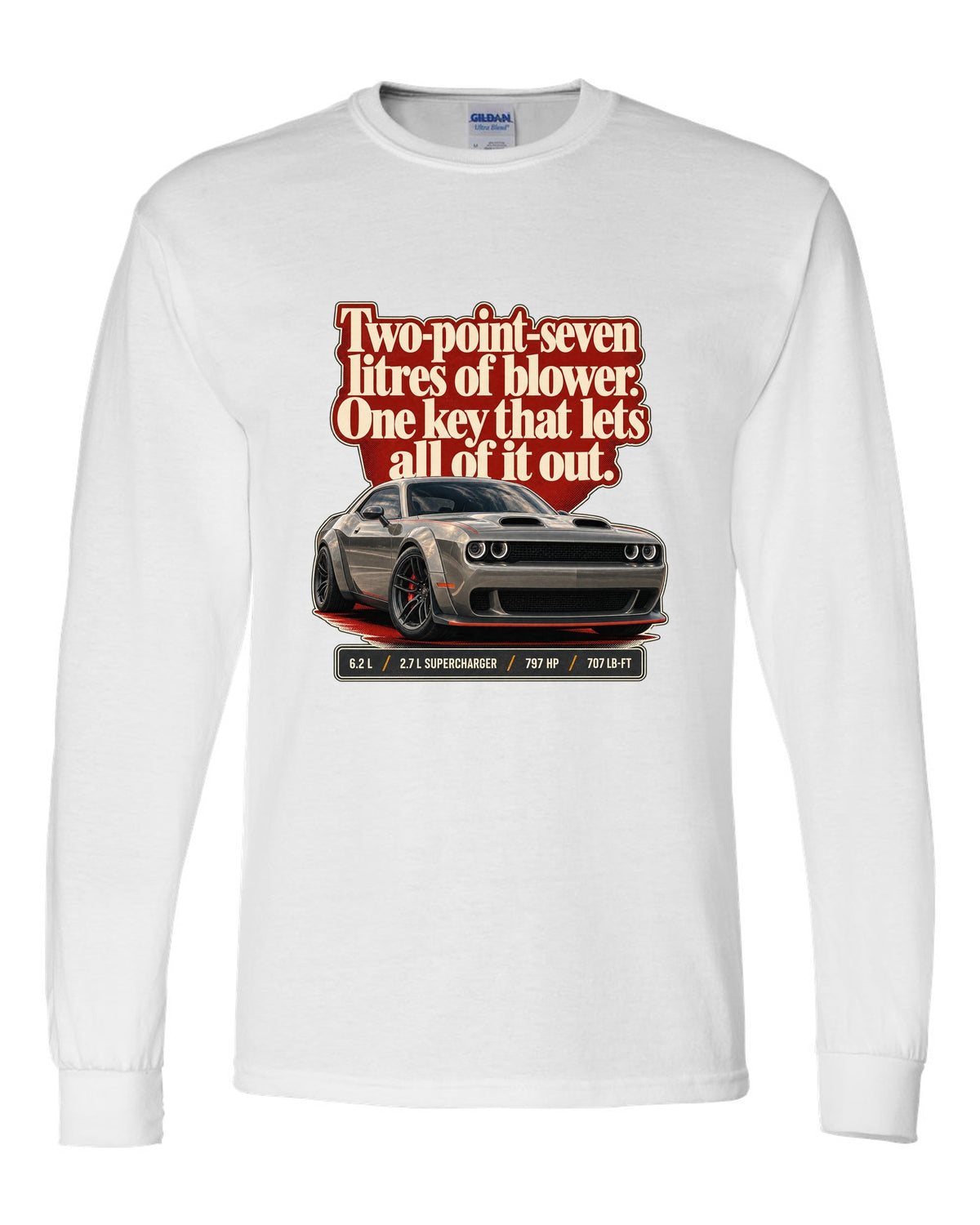 Dodge Challenger SRT Hellcat Redeye Widebody editorial headline print white long sleeve front view with the design