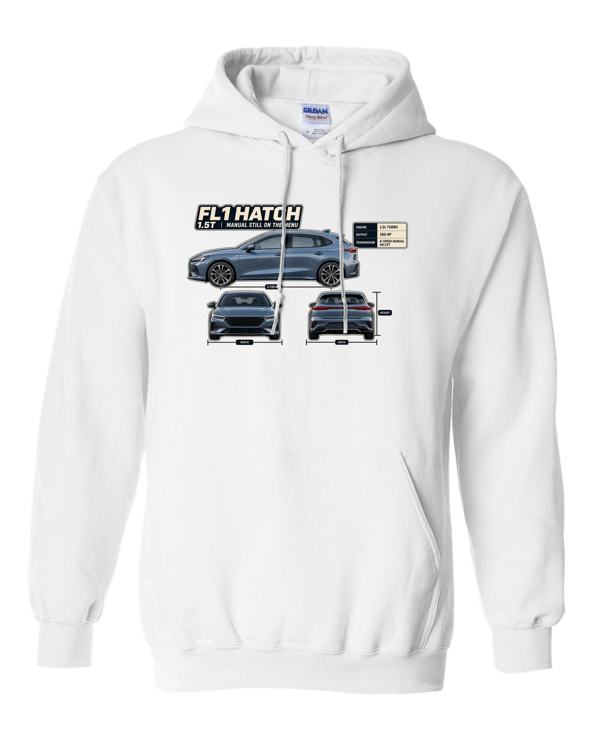 Honda Civic chback FL1 three-view spec table print white pull over hoodie front view with the design