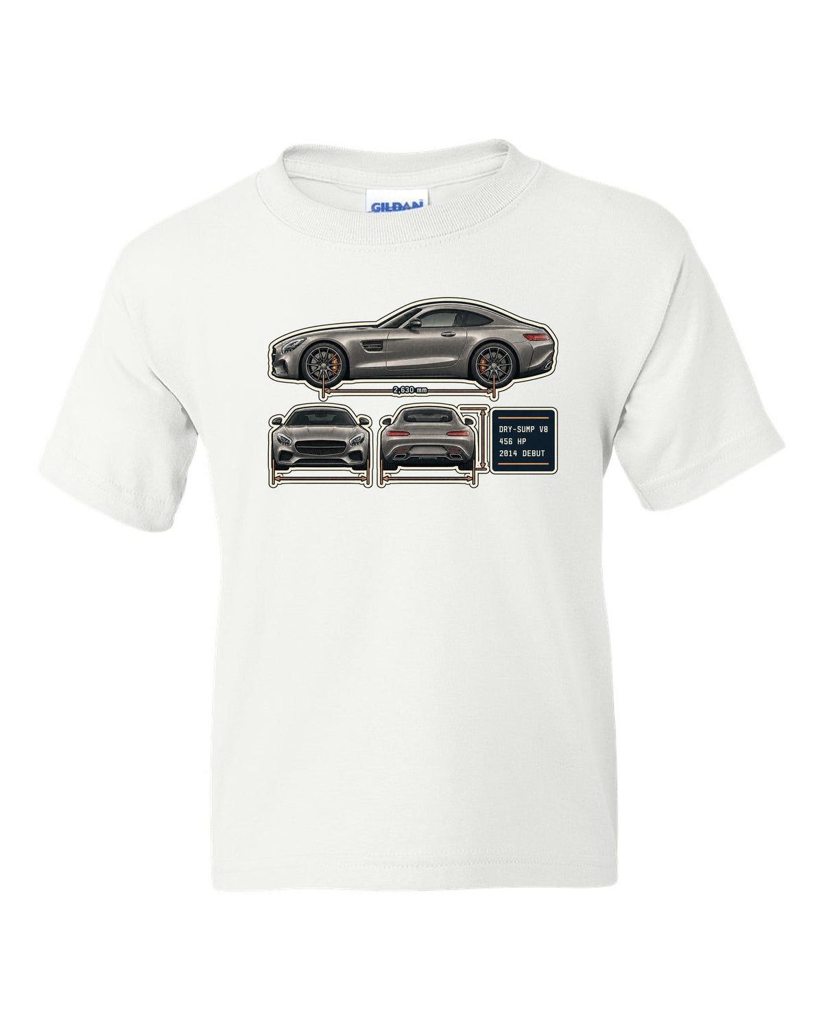 Mercedes-AMG GT C190 three-view and spec table print white kids tee front view with the design