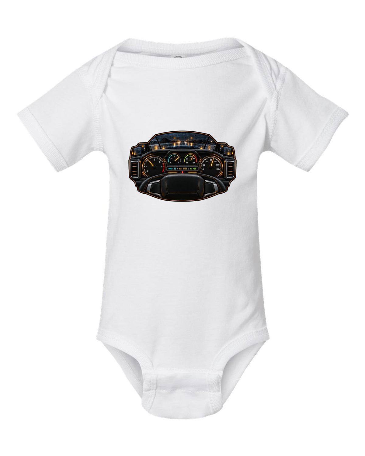 Night gauge-cluster HUD print of a 2019-2024 Ram HD 6.7 HO showing boost 32 EGT 1150 HO 400 white baby onesie front view with the design
