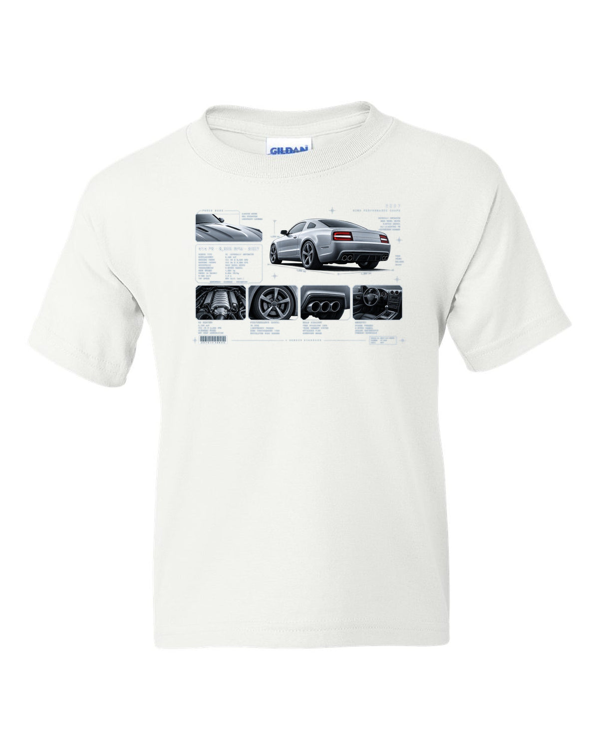 BMW E92 M3 coupe dossier panel print showing 414 PS and 8,300 RPM white kids tee front view with the design