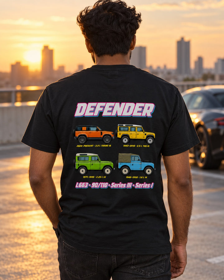 Land Rover Defender Evolution Poster Full-Back Graphic Tee T-Shirt Black worn hero