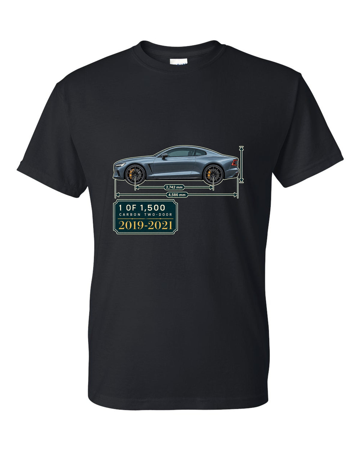 Polestar 1 archive panel print showing 1 of 1,500 carbon two-door black t-shirt front view with the design