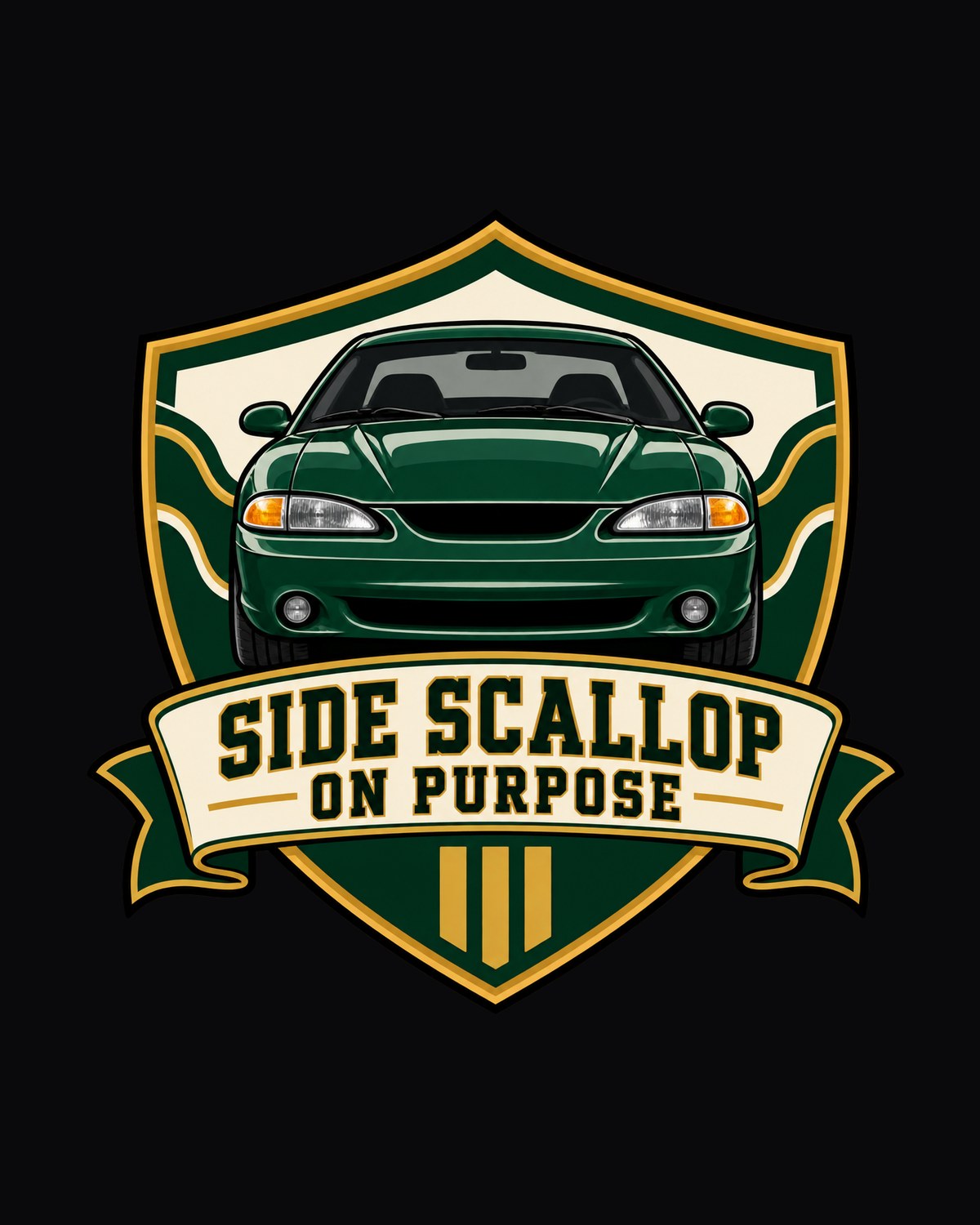 SN95 Mustang 1994-98 Varsity Crest Shirt, Side Scallop Joke design only