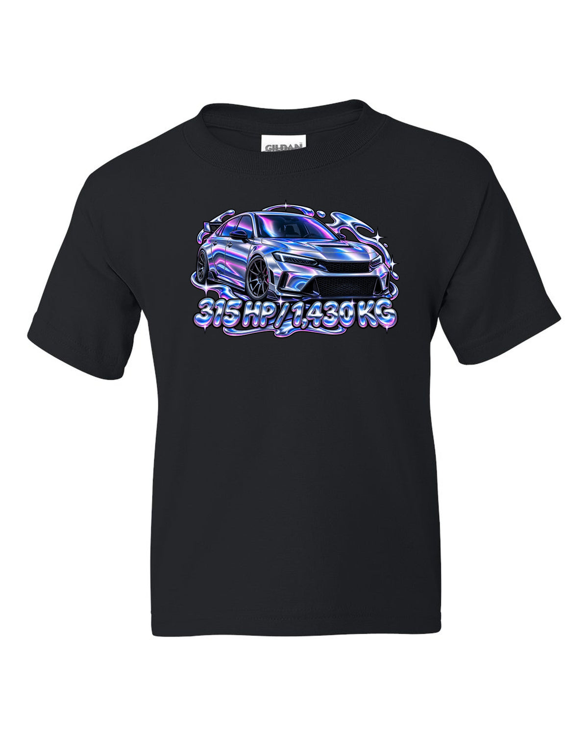 Y2K chrome gradient print of a Honda Civic Type R FL5 with 315 HP and 1,430 KG text black kids tee front view with the design