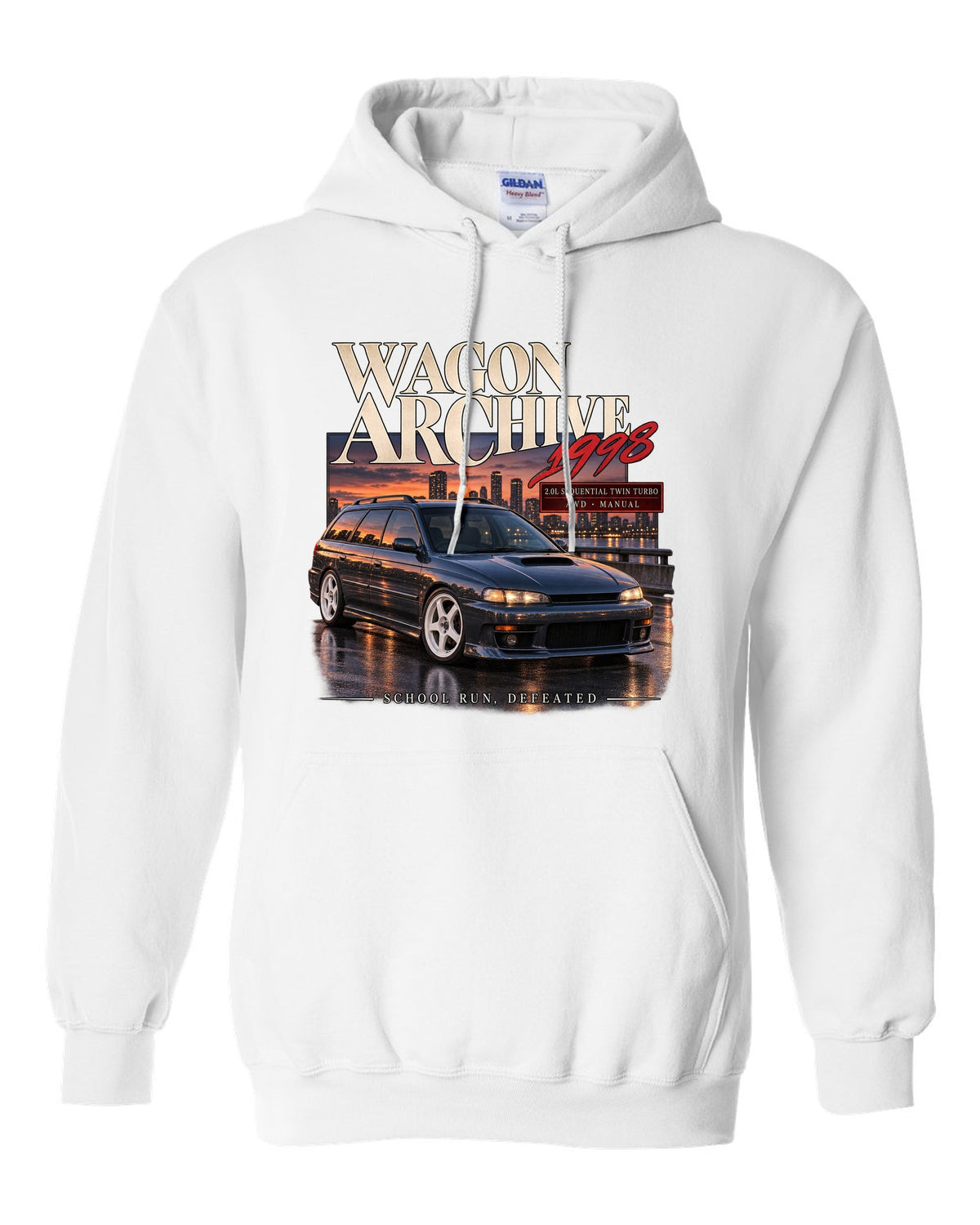 Wagon archive print for the Subaru Legacy GT-B BH5 reading 2.0L sequential twin turbo, school run, defeated white pull over hoodie front view with the design