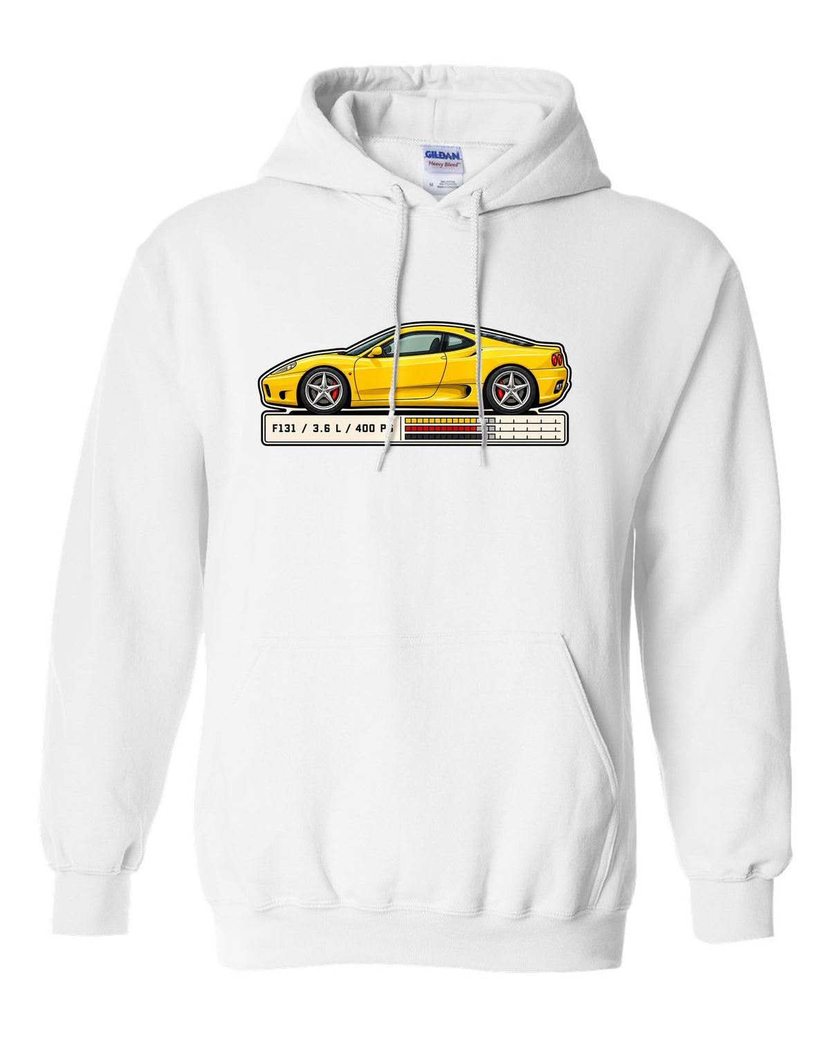 Spec sheet data plate print for the Ferrari 360 Modena listing F131, 3.6 L and 400 PS white pull over hoodie front view with the design