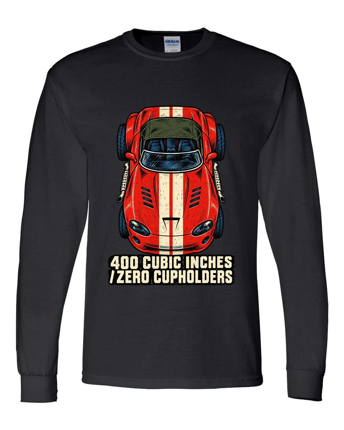 Four-ink linocut print of a 1993 Dodge Viper RT/10 with zero cupholders text black long sleeve front view with the design