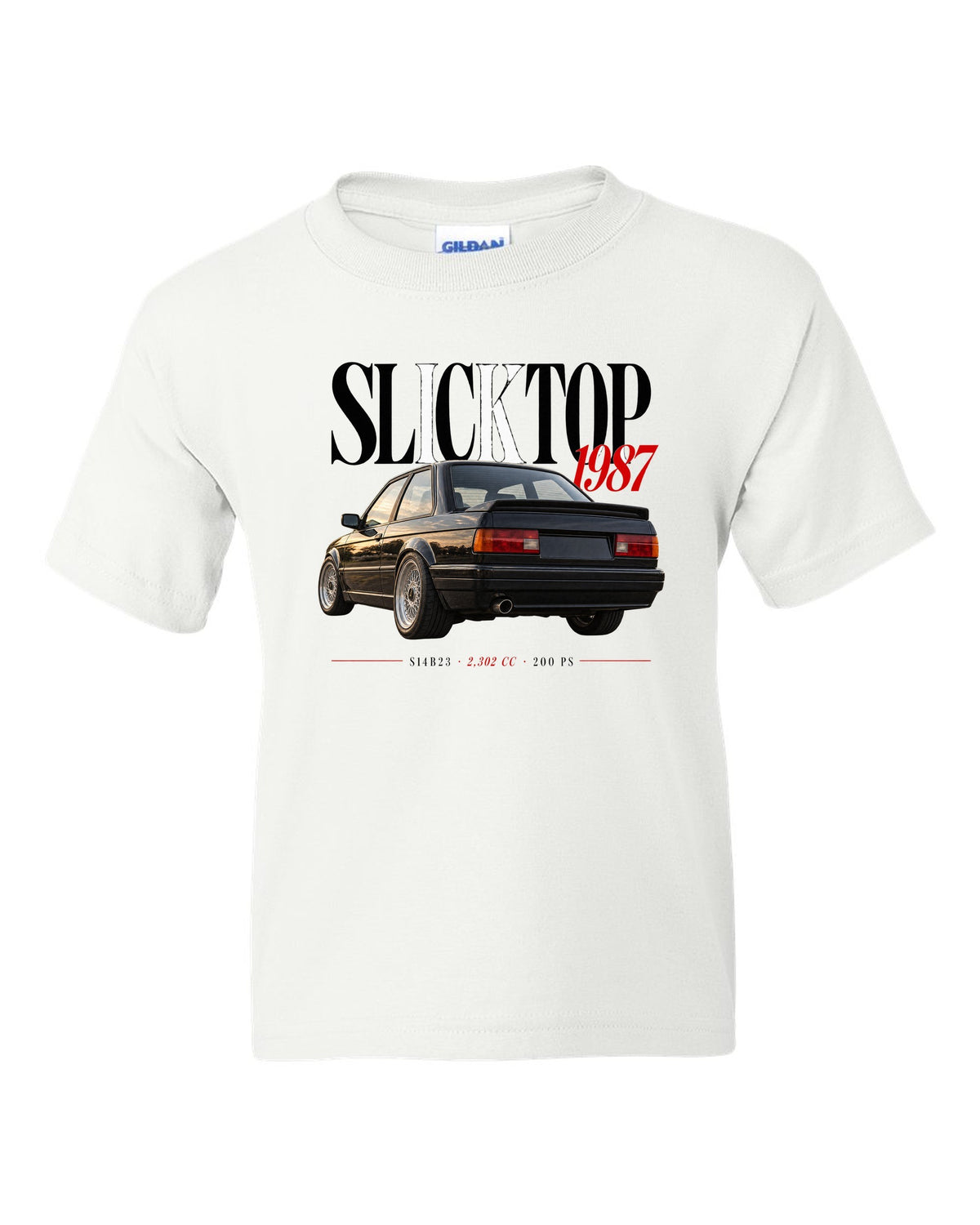 BMW E30 M3 Slicktop 1987 editorial headline print with S14B23 spec text white kids tee front view with the design
