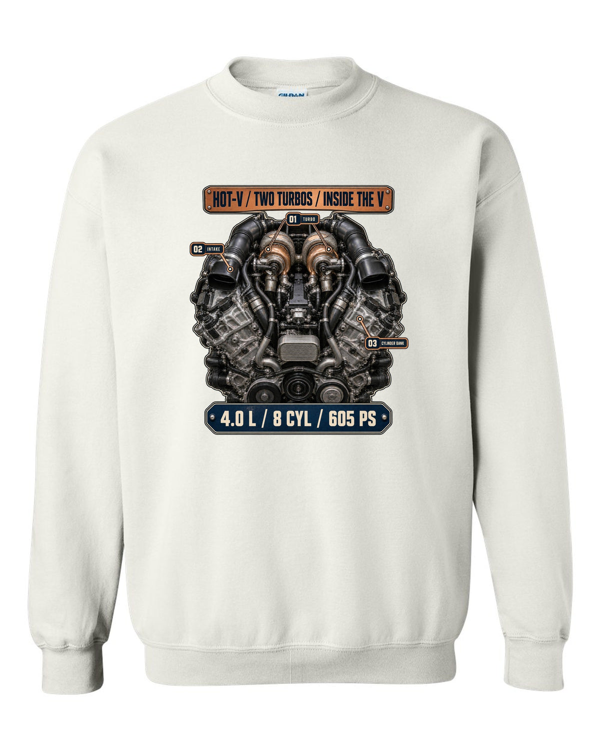Audi RS7 4.0 TFSI engine bay hero print white crewneck front view with the design