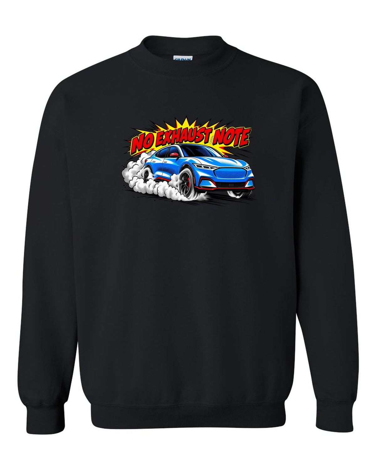 Comic halftone pop-art print of a 2020 Mustang Mach-E CX727 burnout reading No Exhaust Note black crewneck front view with the design