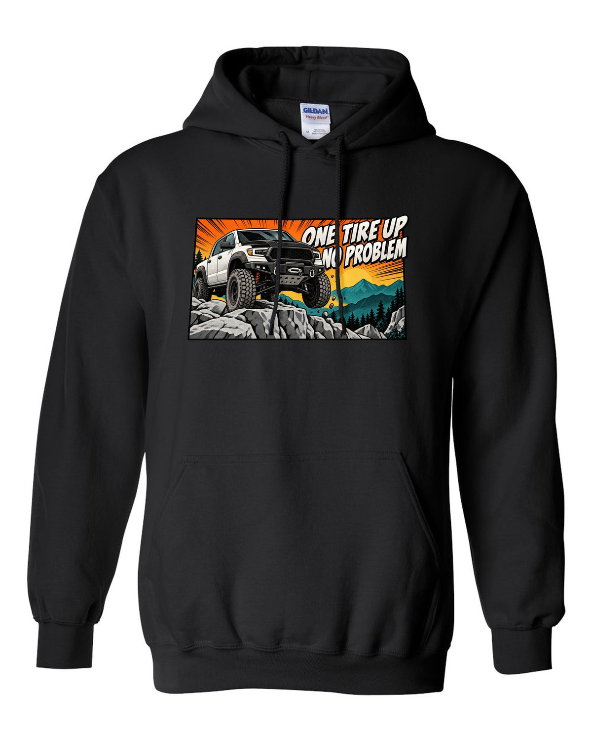 Retro manga halftone print of a Ram Power Wagon 2500 4x4 with one tire up on a ledge black pull over hoodie front view with the design