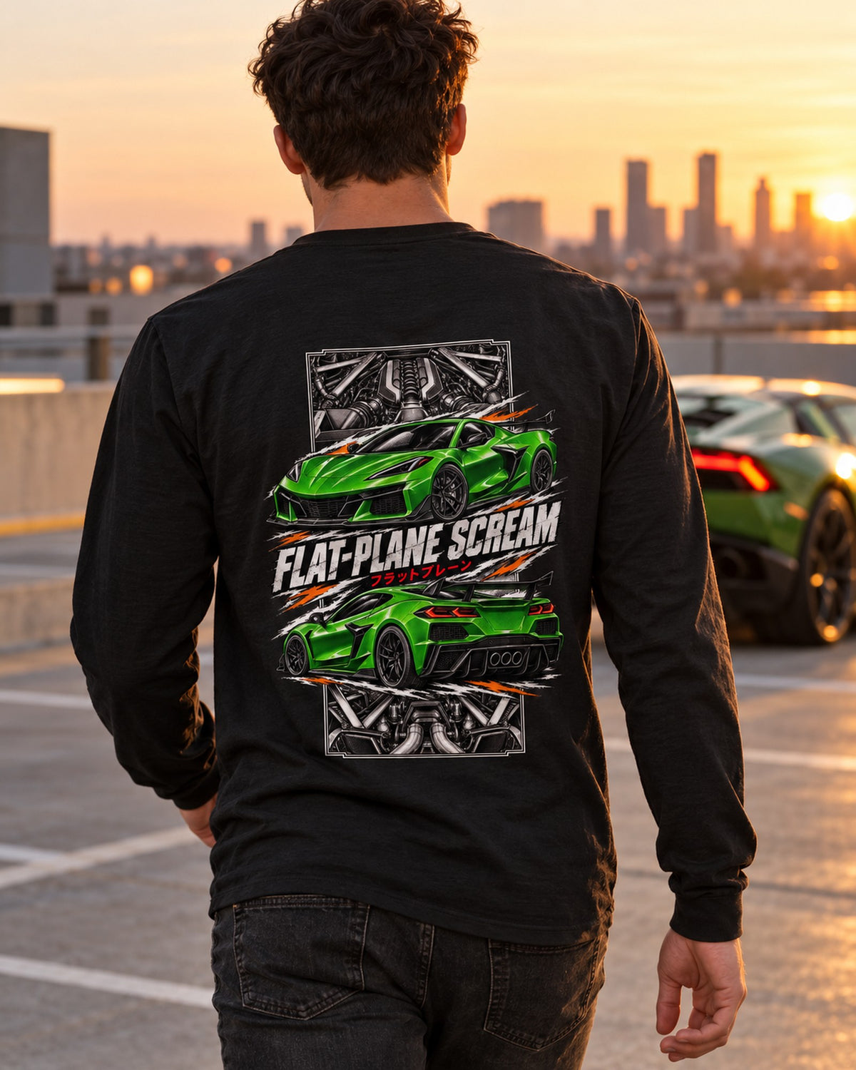 Corvette C8 Z06 Torn Poster Full-Back Graphic Tee Long Sleeve Black worn hero