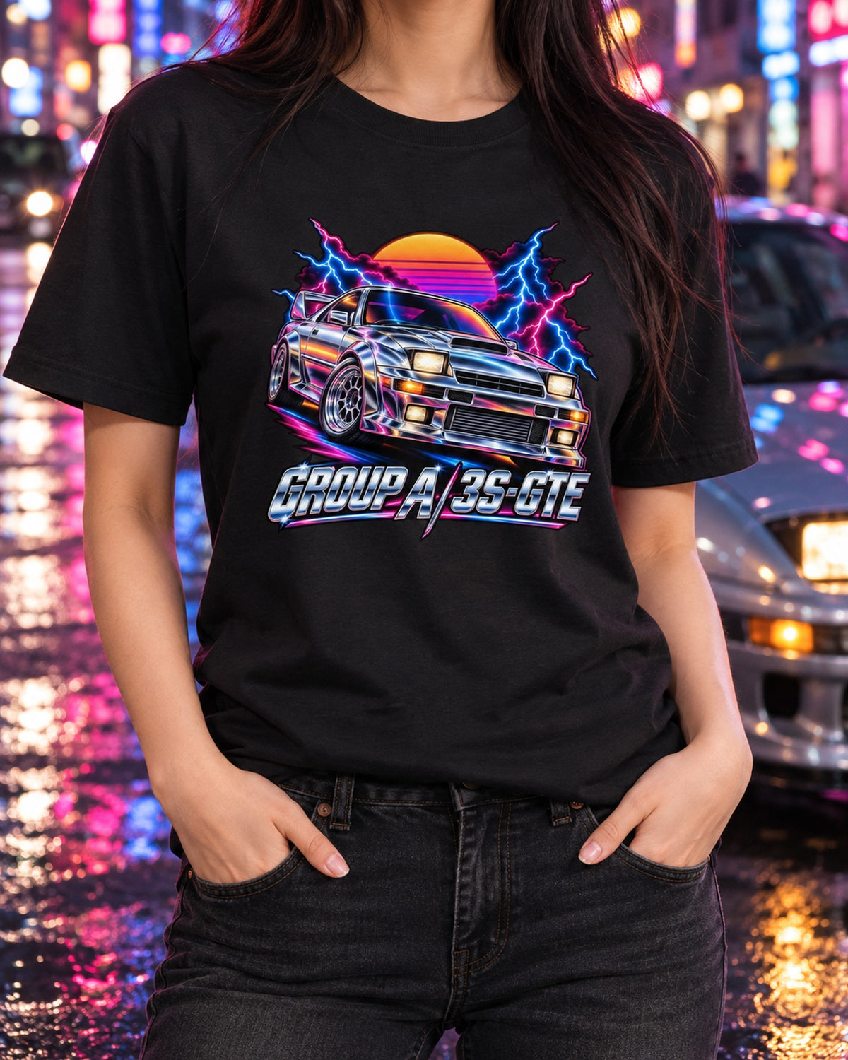 Celica GT-Four ST185 80s Airbrush Chrome Tee, Group A 3S-GTE T-Shirt Black worn hero