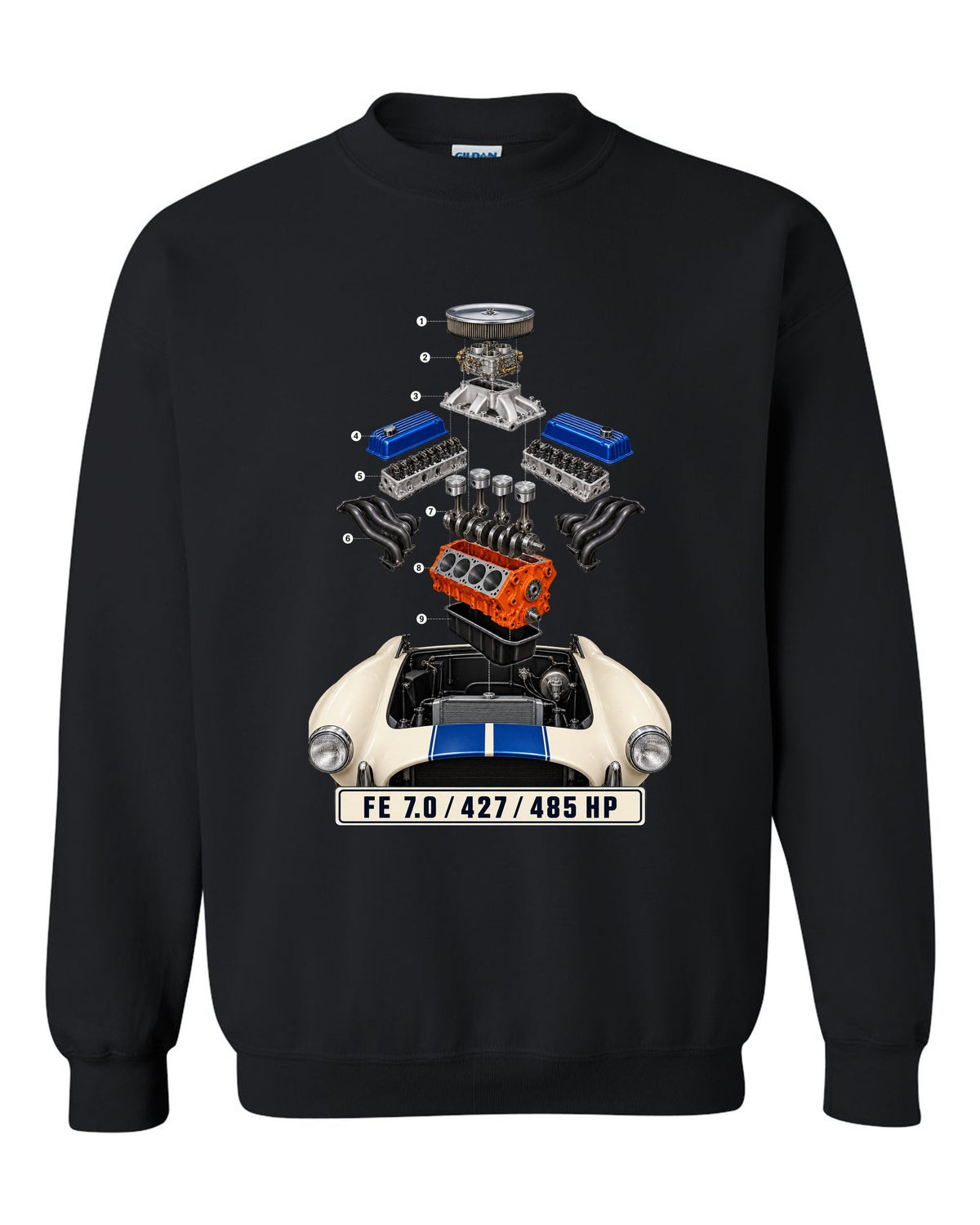 Isometric exploded view print of a Shelby Cobra 427 engine bay with FE 7.0 lettering black crewneck front view with the design