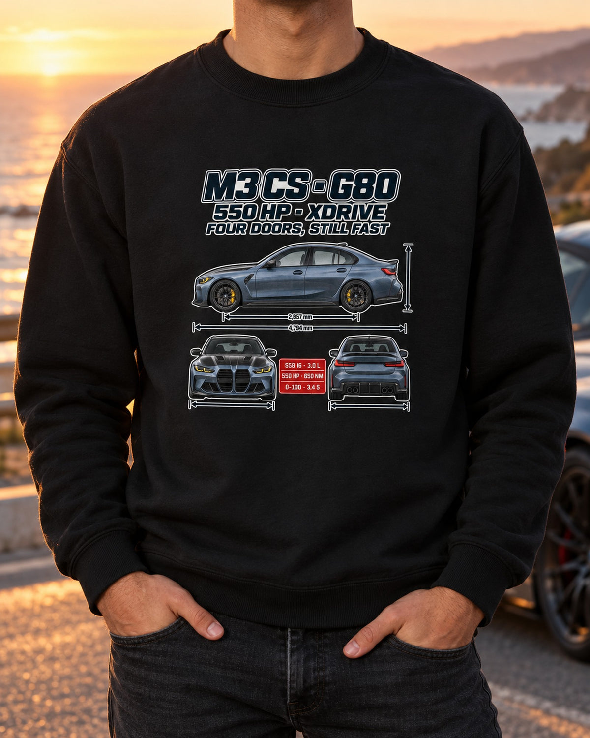 G80 BMW M3 CS Spec Poster Shirt, xDrive Sedan Gift Crewneck Black worn hero