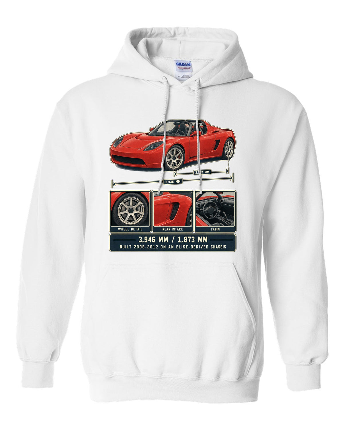Dossier panel print of a first-generation Tesla Roadster with dimensions white pull over hoodie front view with the design