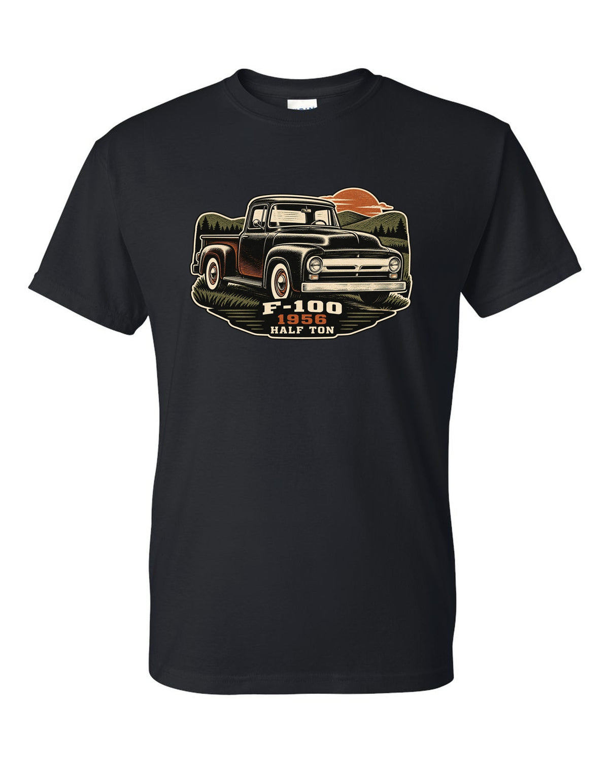 Dusk linocut print of a 1956 Ford F-100 pickup with Half Ton lettering black t-shirt front view with the design