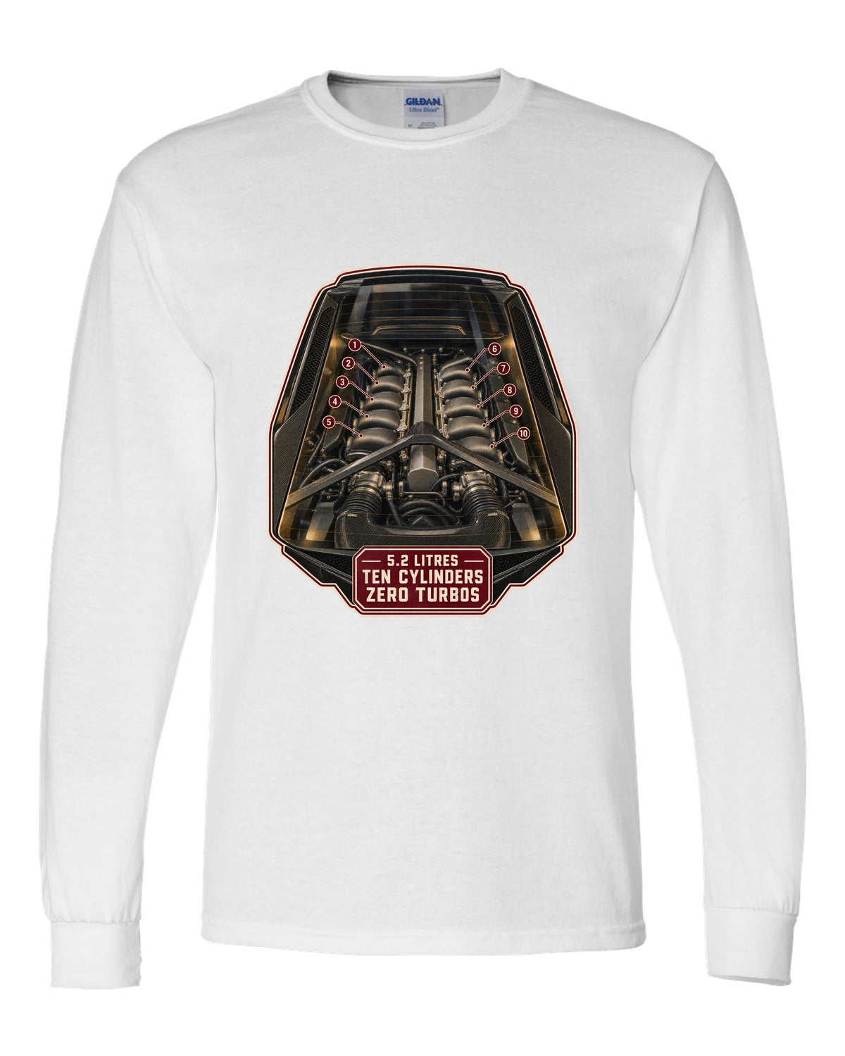 Audi R8 V10 plus Type 4S mid-engine bay hero print design white long sleeve front view with the design