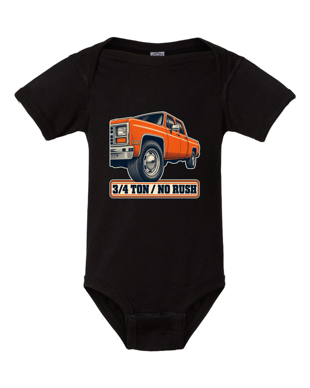 Retro halftone print of a steel wheel close-up on a 1973-87 Chevrolet C20 Squarebody with 3/4 ton lettering black baby onesie front view with the design