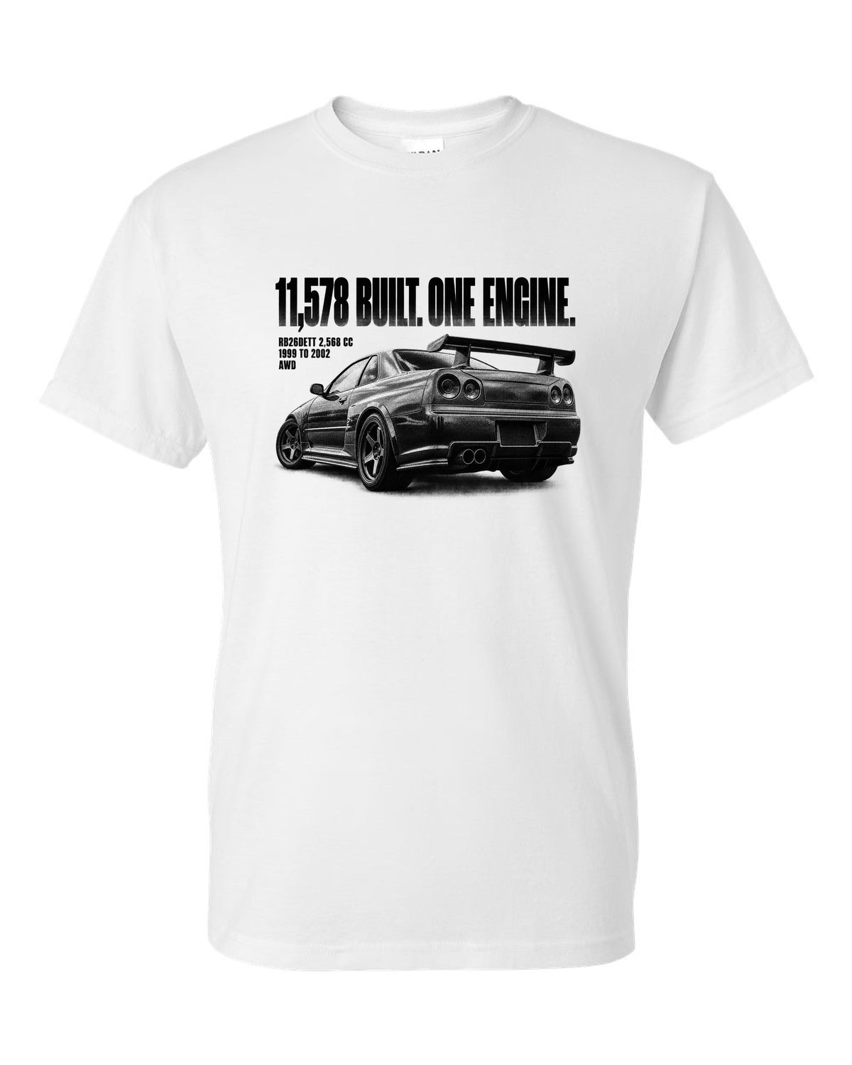 Halftone rear three-quarter view of a Nissan Skyline GT-R R34 with 11,578 built lettering white t-shirt front view with the design