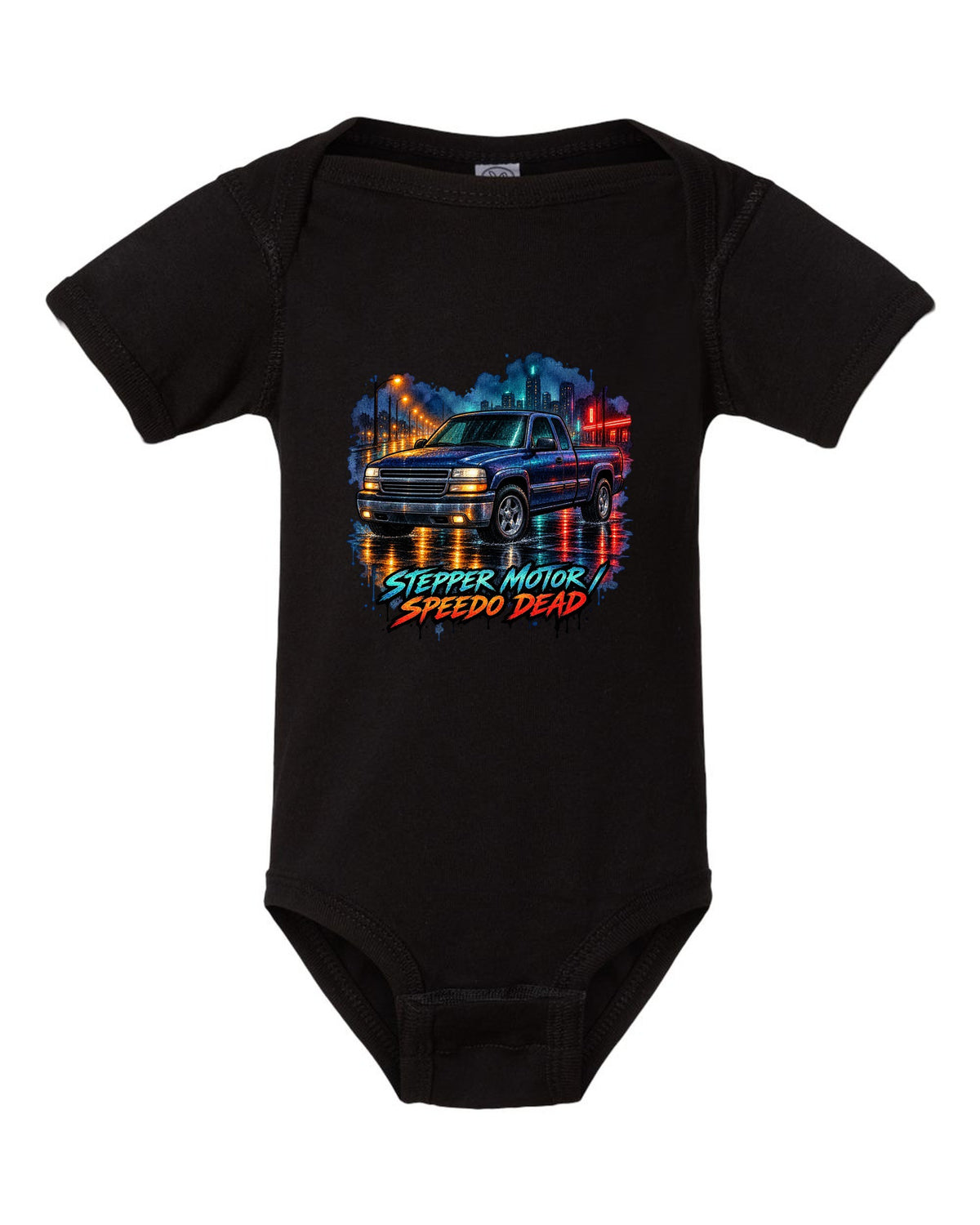 Watercolor wet-road night print of a 1999-2006 Chevrolet GMT800 NBS Silverado with stepper motor speedo dead lettering black baby onesie front view with the design