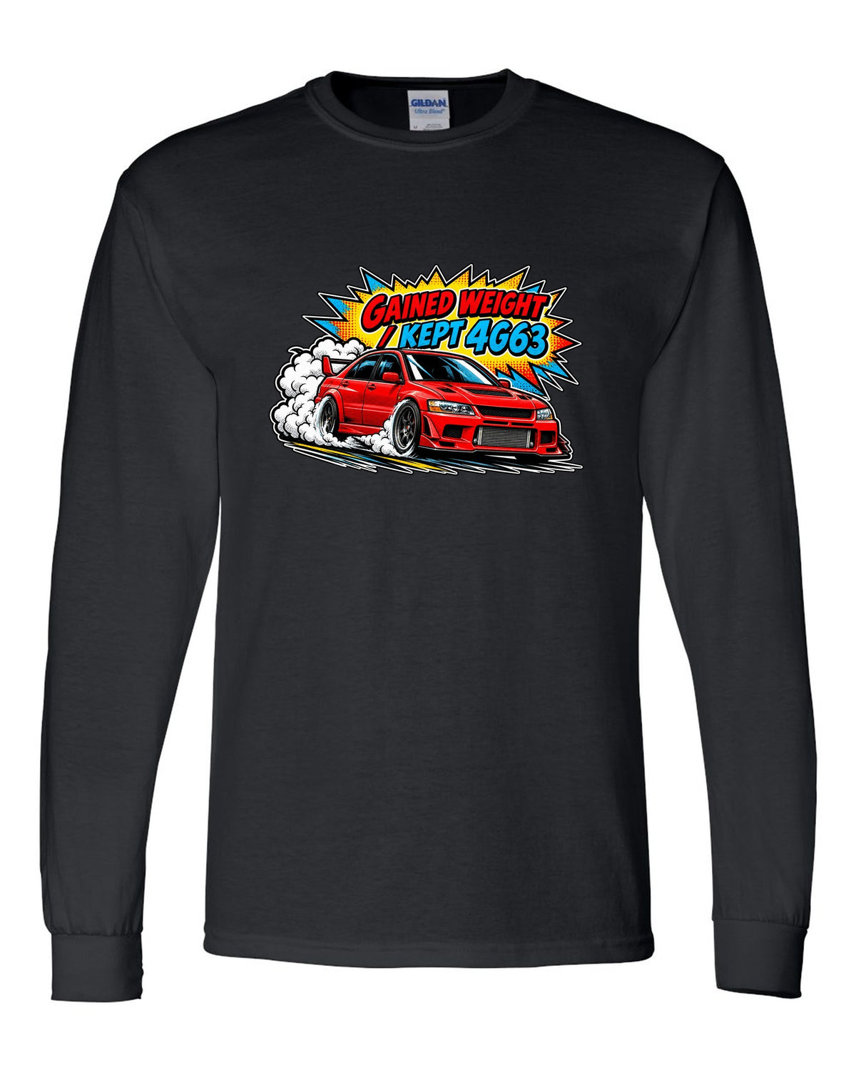 Comic halftone pop-art launch print of the Mitsubishi Evo VII CT9A with gained weight kept 4G63 text black long sleeve front view with the design