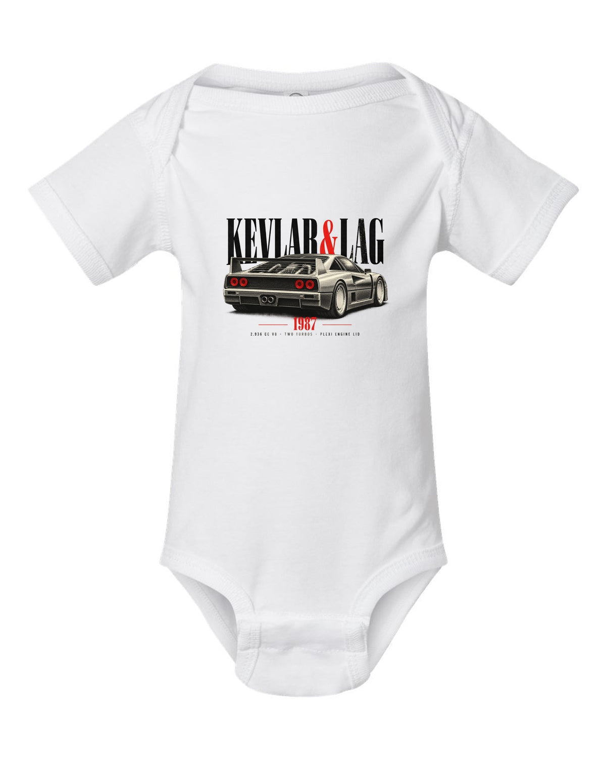 Ferrari F40 1987 rear three-quarter print headed Kevlar and Lag, 2,936 cc V8 white baby onesie front view with the design