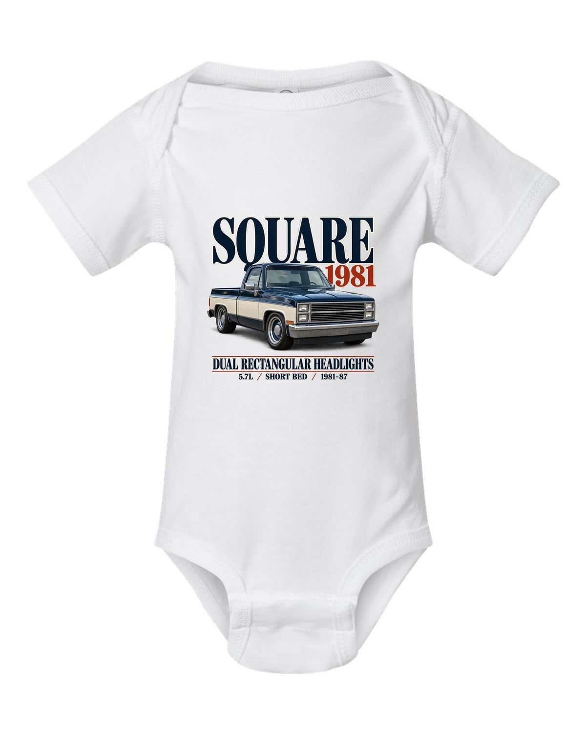 Editorial print of a 1981-87 Chevrolet C10 Squarebody in Silverado trim white baby onesie front view with the design