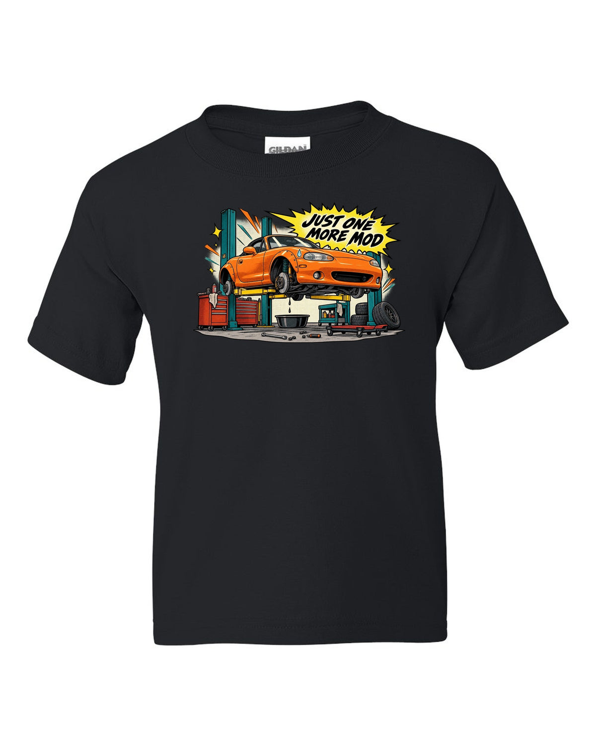 Retro manga halftone panel print of a Mazda MX-5 NB in a workshop with the text Just One More Mod black kids tee front view with the design