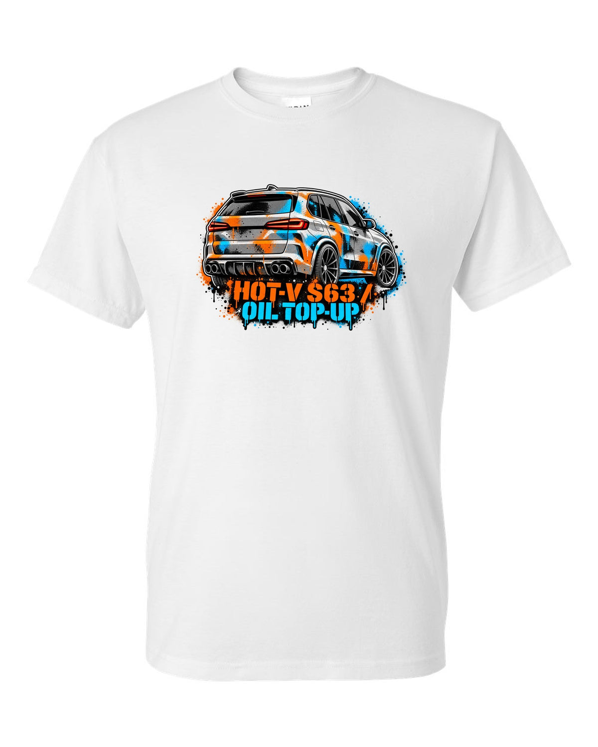 Varsity crest print of a BMW i8 I12 with silent electric range lettering white t-shirt front view with the design