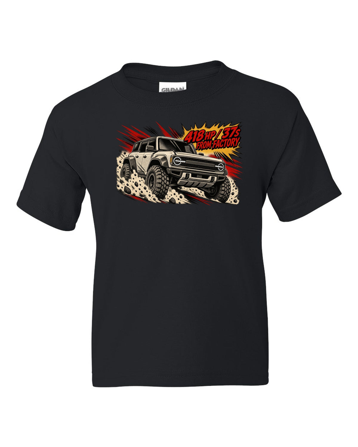 Retro manga halftone panel of a 2022 Ford Bronco Raptor jumping in the desert with 418 HP lettering black kids tee front view with the design