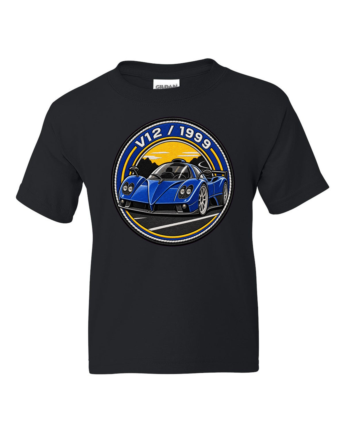 Varsity embroidery-style print for the 1999 Pagani Zonda C12 with V12 and 1999 lettering black kids tee front view with the design