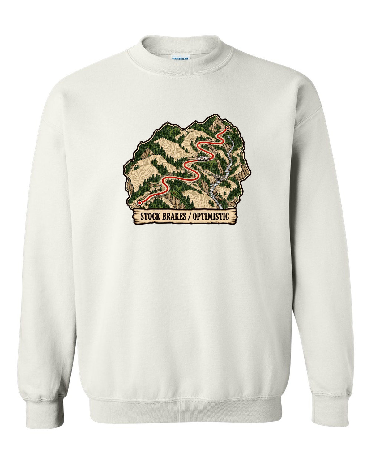 Topographic route map print of a mountain pass for the Nissan Skyline GT-R R32 BNR32 white crewneck front view with the design