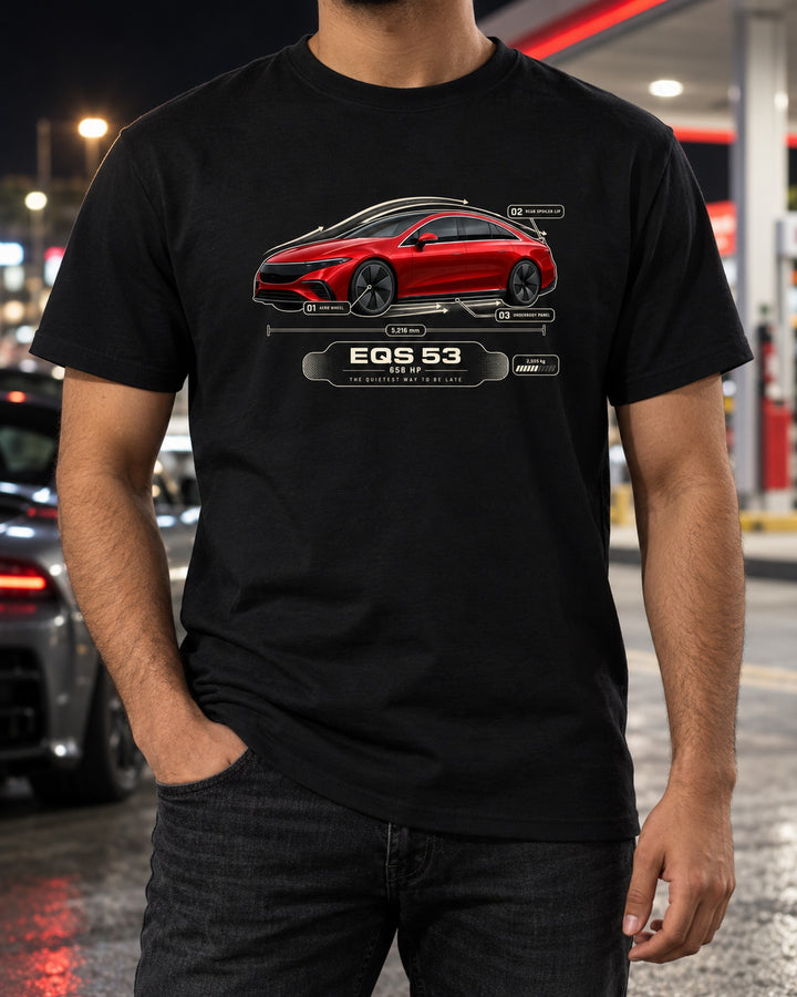 Mercedes-AMG EQS 53 V297 Aero Callout Shirt, Signal Red T-Shirt Black worn hero