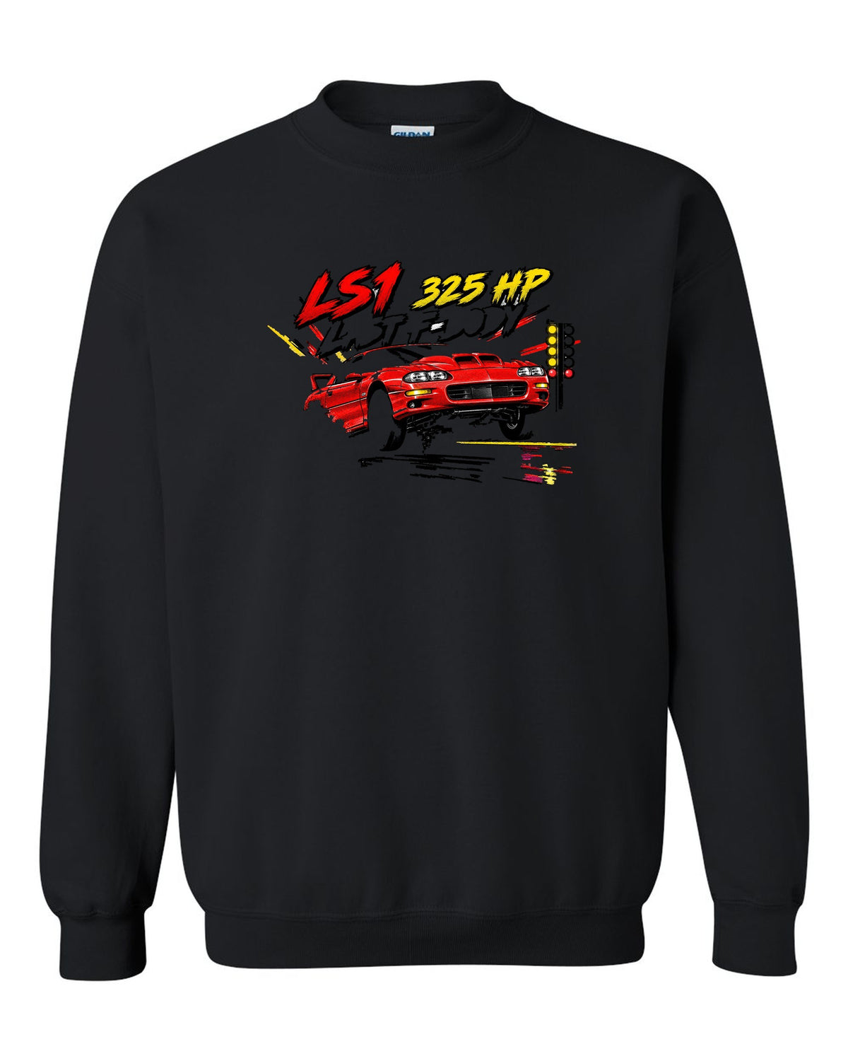2002 Chevrolet Camaro SS LS1 retro manga halftone panel print black crewneck front view with the design