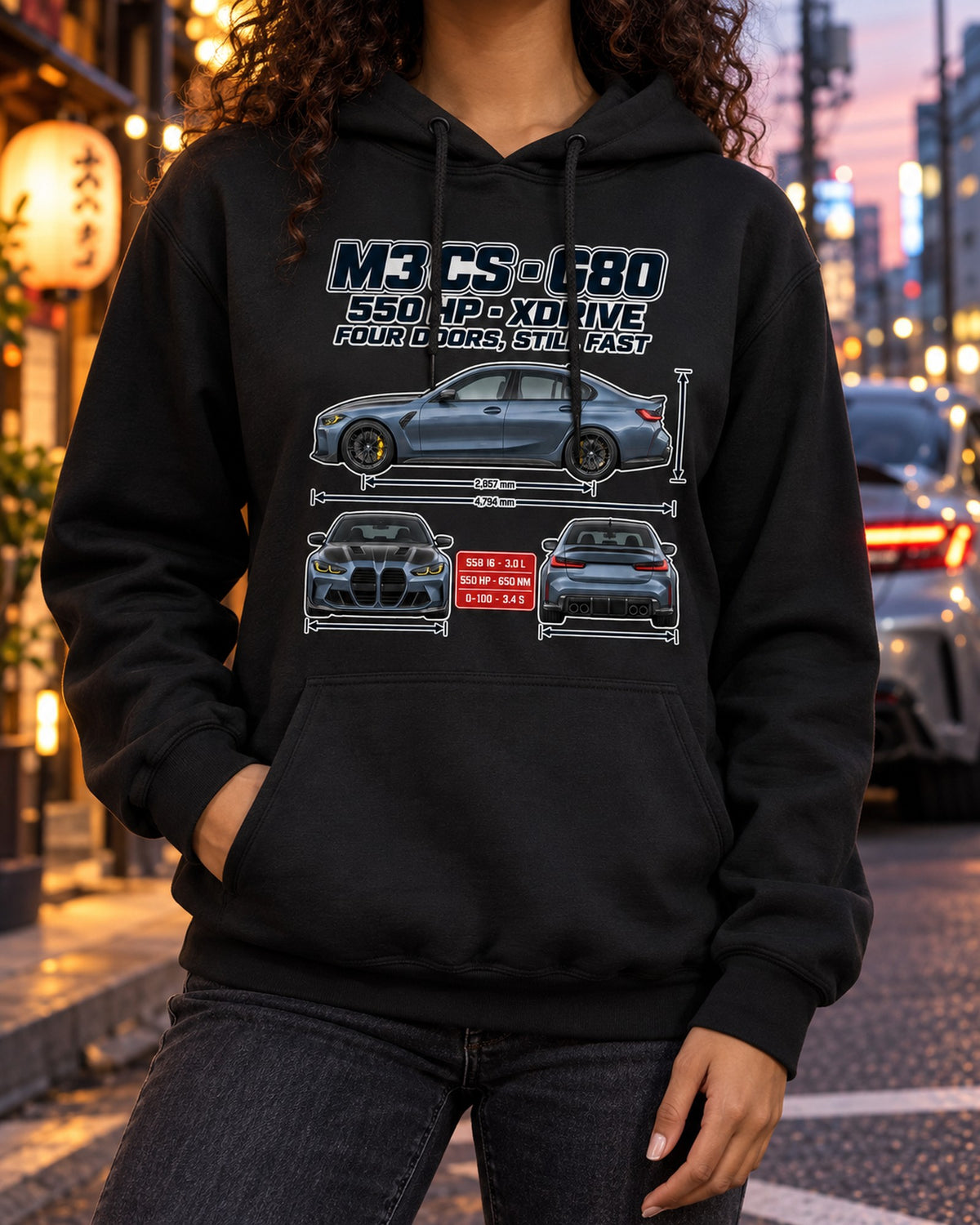 G80 BMW M3 CS Spec Poster Shirt, xDrive Sedan Gift Pull Over Hoodie Black worn hero