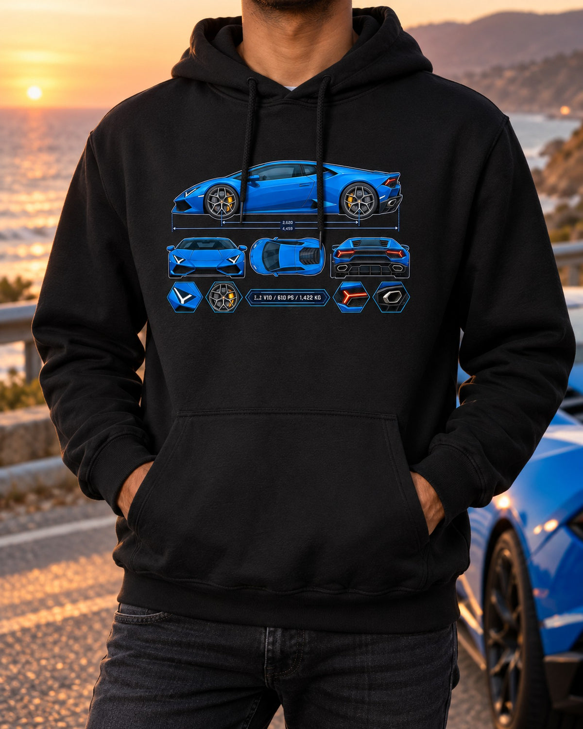 Huracan LP610-4 Colour Blueprint Shirt, 5.2 V10 Hex Study Pull Over Hoodie Black worn hero