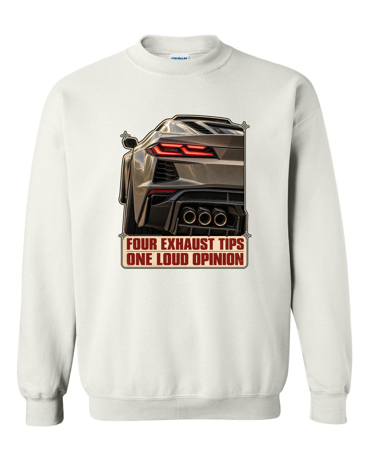 Taillight macro print of a Chevrolet Corvette C8 Z06 with four exhaust tips white crewneck front view with the design