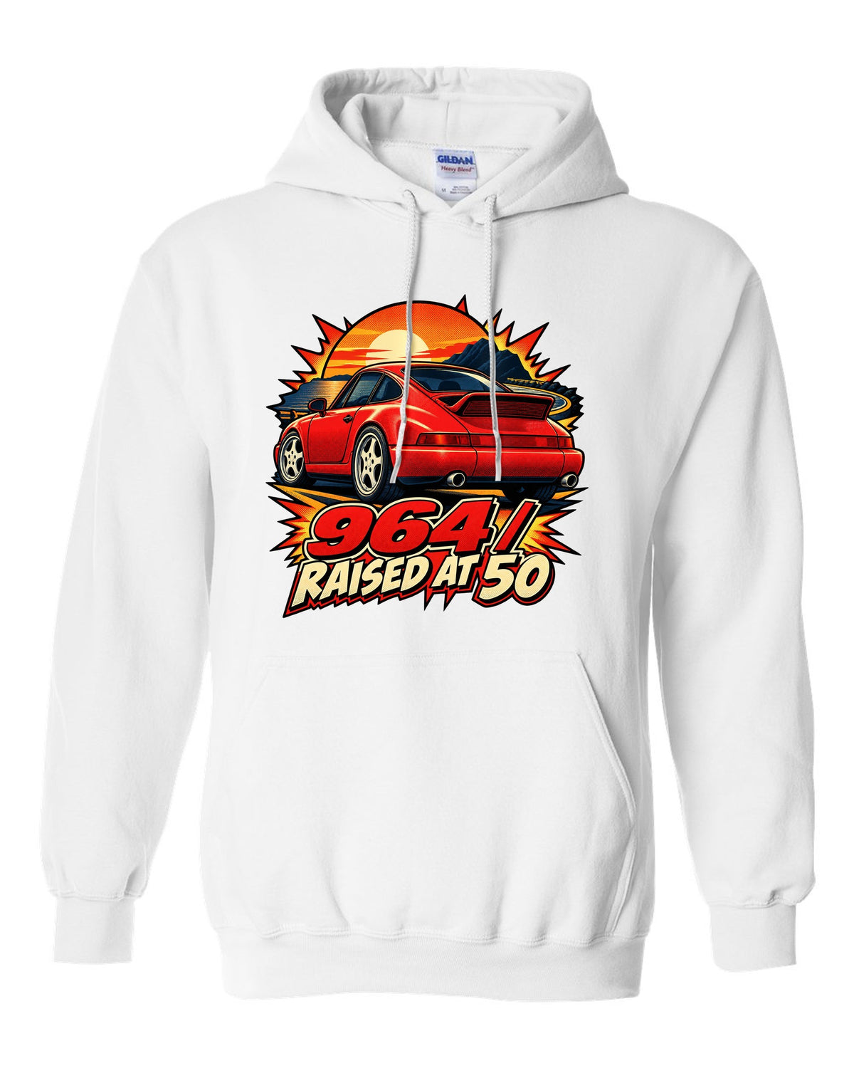 Comic dot-ink illustration of a Porsche 911 Carrera 964 with its spoiler raised white pull over hoodie front view with the design