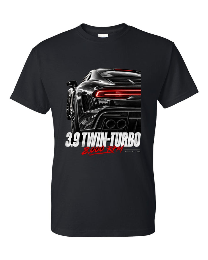 Macro print of a Ferrari 488 GTB rear with 3.9 twin-turbo and 8,000 rpm text black t-shirt front view with the design