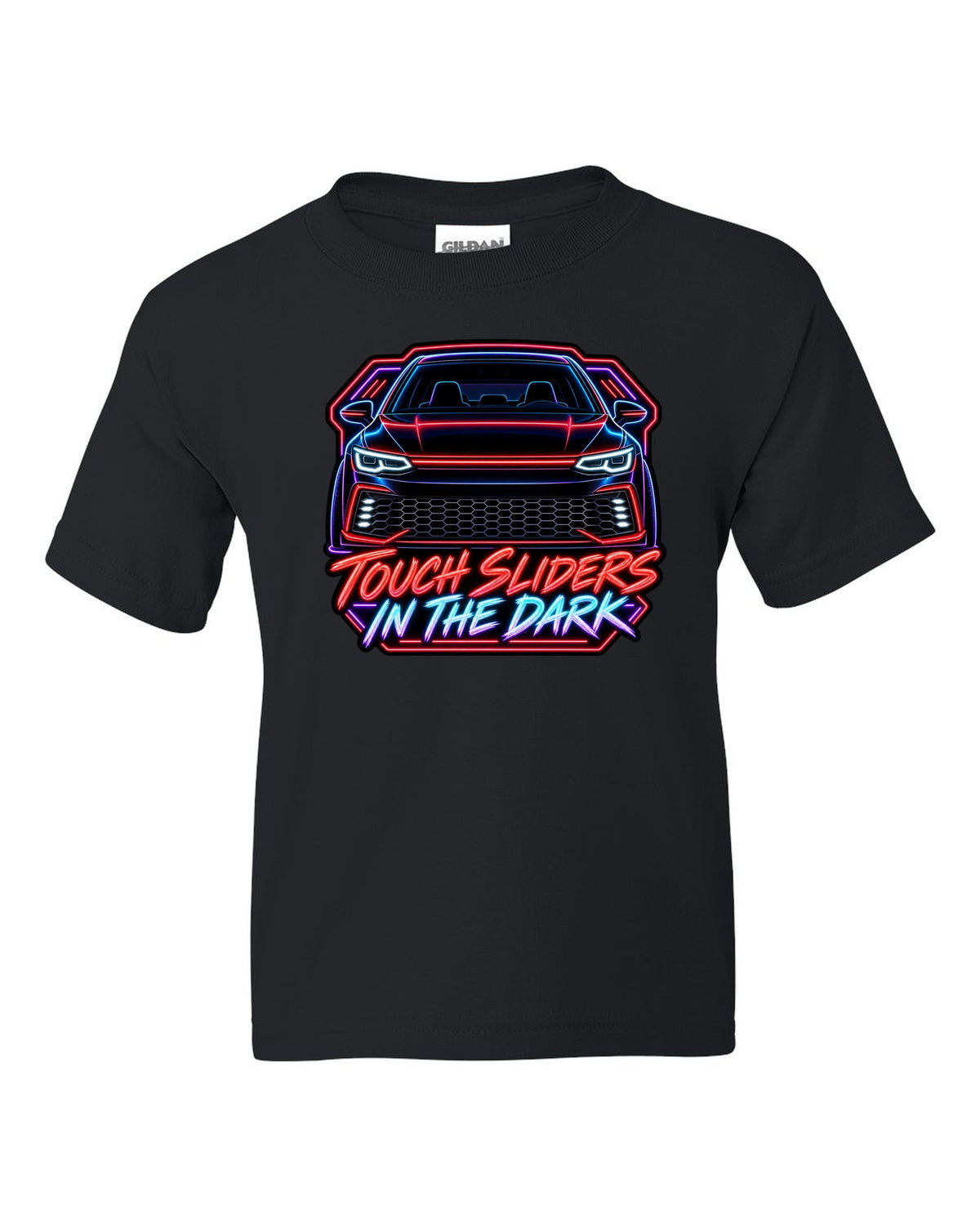 Neon sign line art of a VW Golf Mk8 GTI with touch sliders in the dark text black kids tee front view with the design