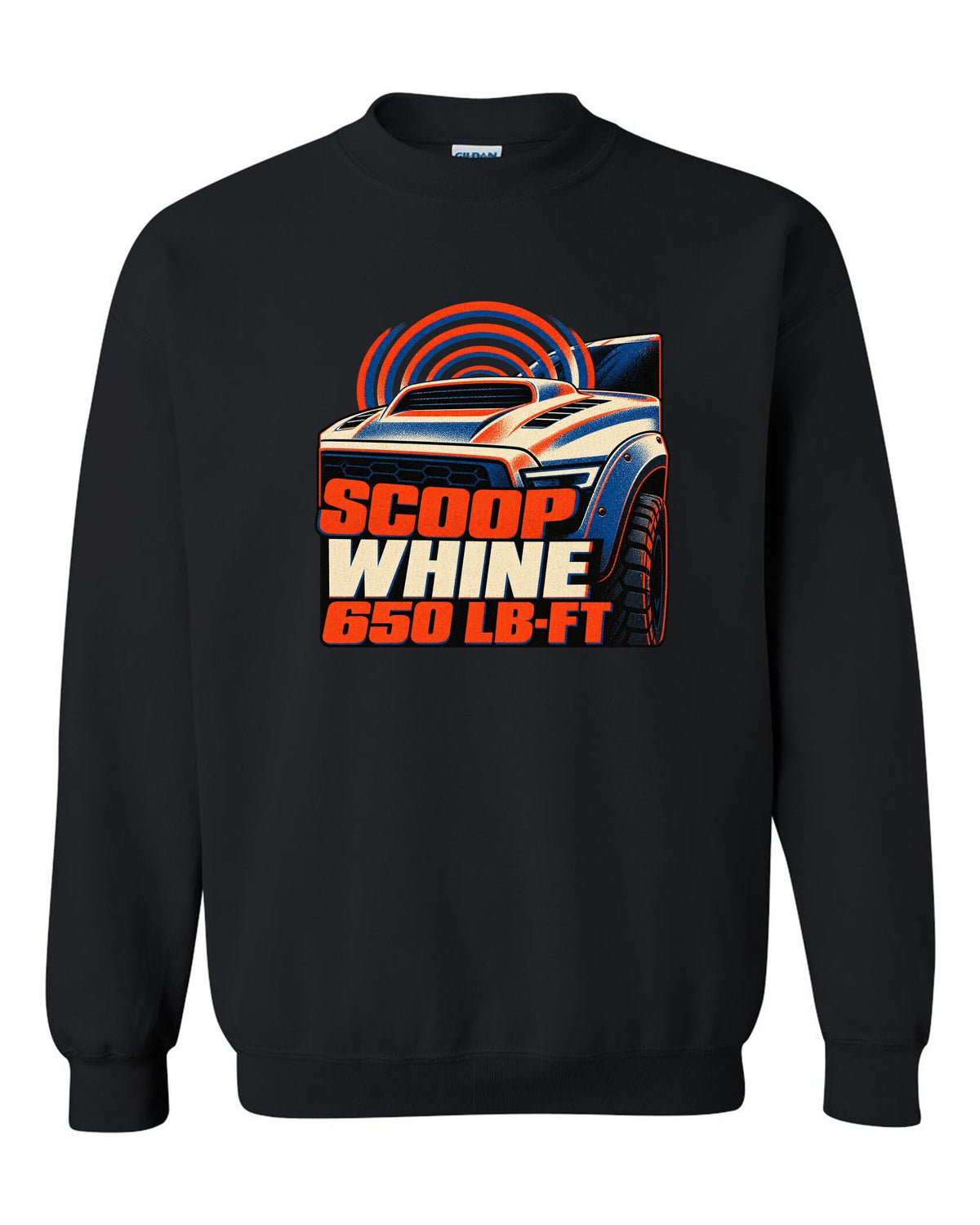 Risograph print of a 2021-2024 Ram 1500 TRX with scoop whine 650 lb-ft text black crewneck front view with the design