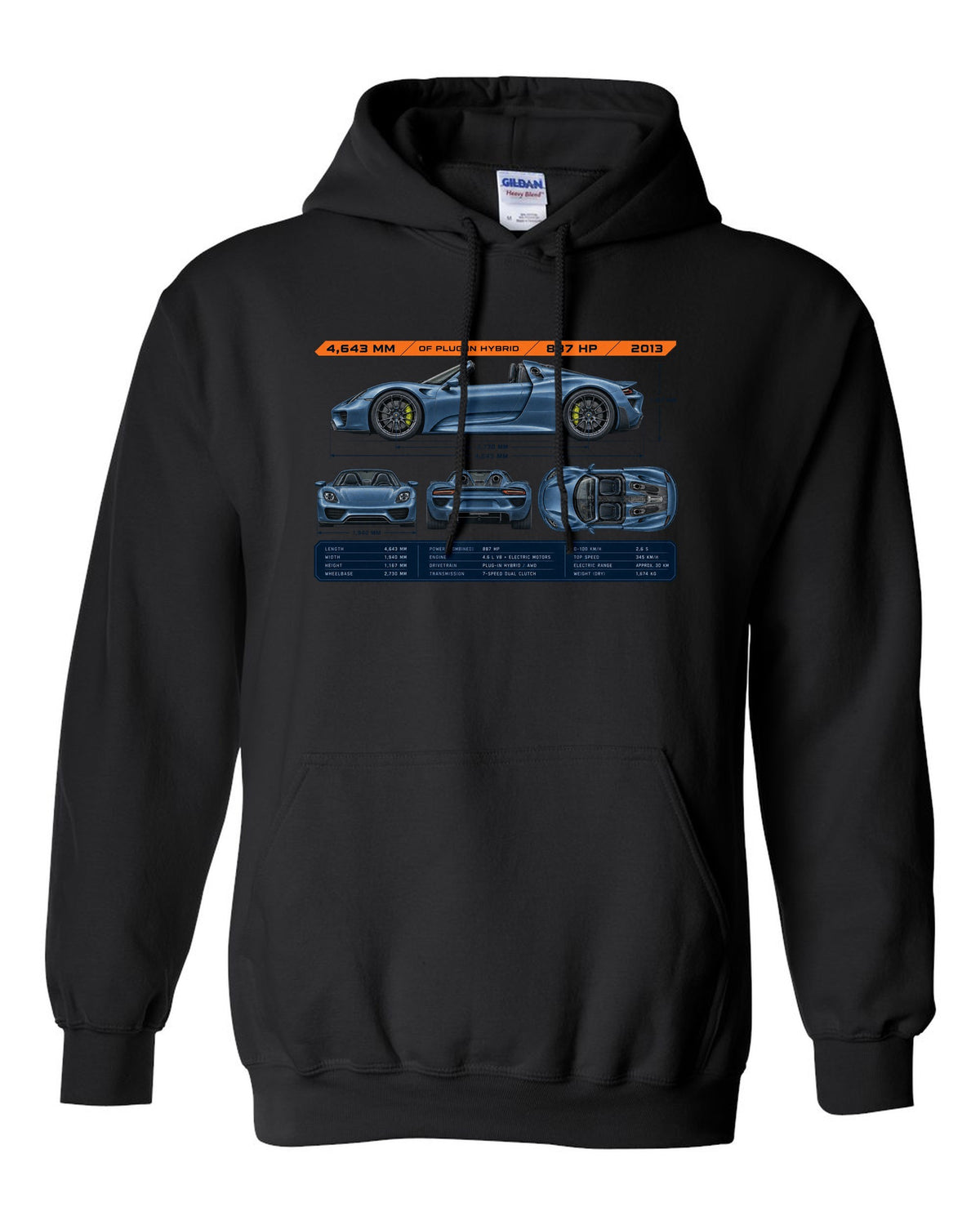Porsche 918 Spyder dimension blueprint print design black pull over hoodie front view with the design