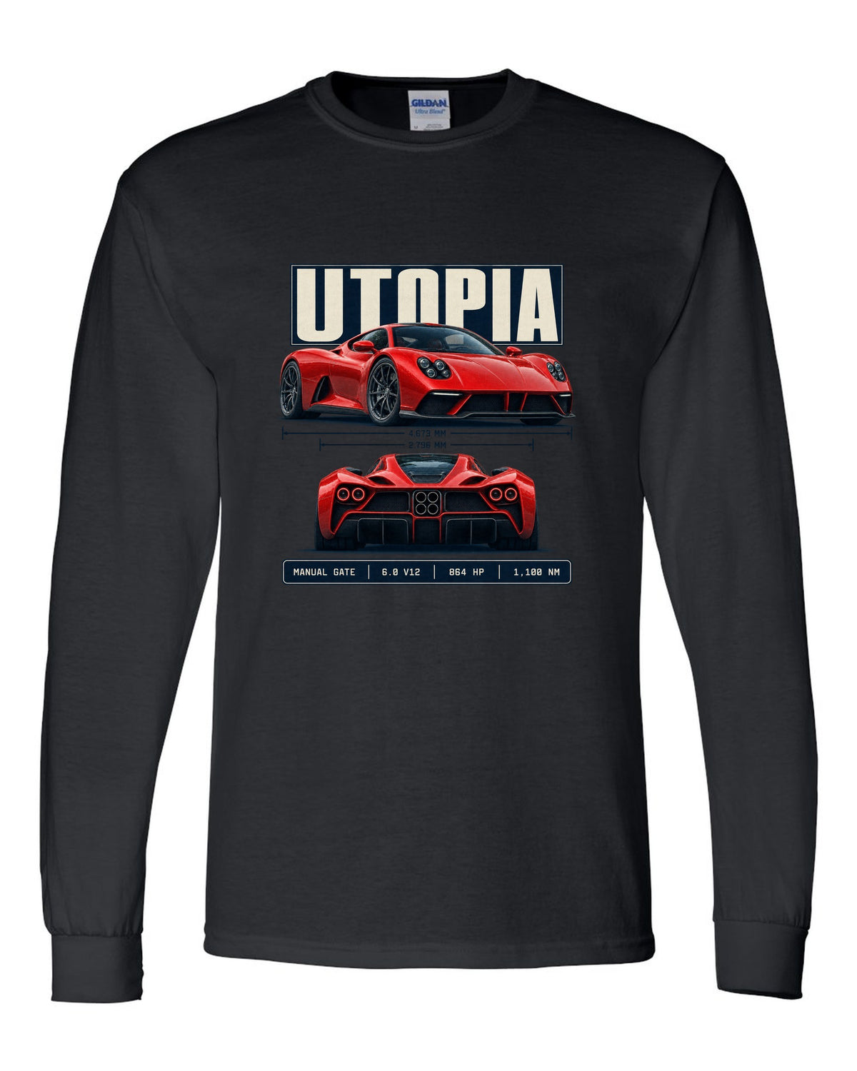 Spec poster print of the Pagani Utopia with the text manual gate, 6.0 V12, 864 hp, 1,100 Nm black long sleeve front view with the design